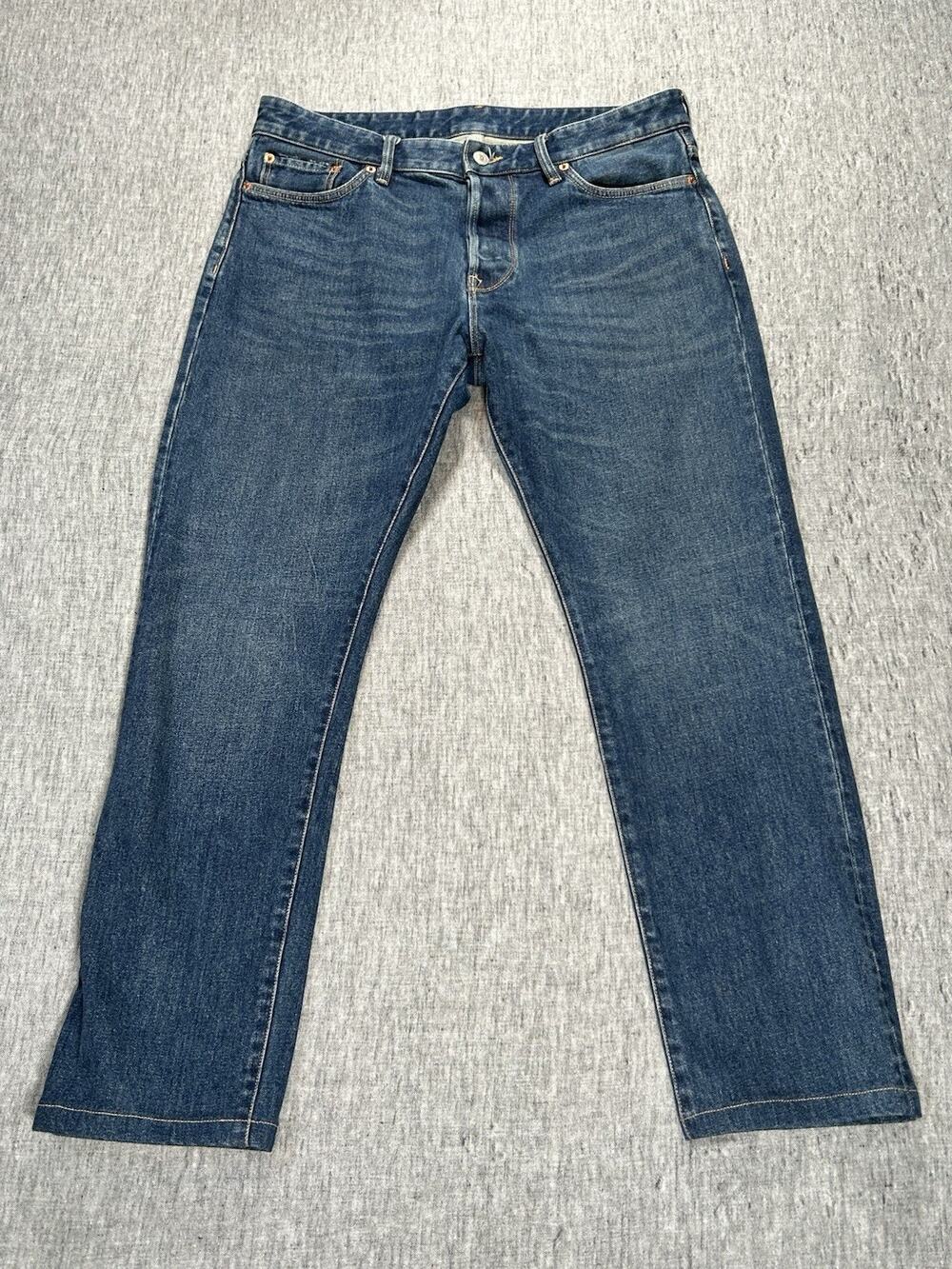 Buck Mason Maverick Slim Jeans Mens 36x29 Blue Denim Stretch Button-Fly Hemmed